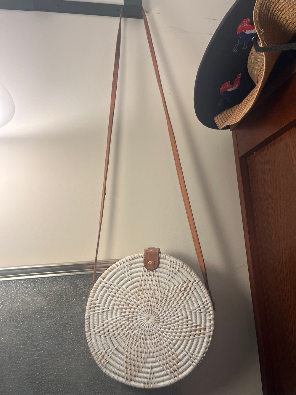 Round Woven Crossbody Bag in White and Tan Leather Strap
